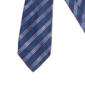 Michael Kors Silk Tie Men’s Long 62” Navy Purple Plaid Stripe Preppy Classic New